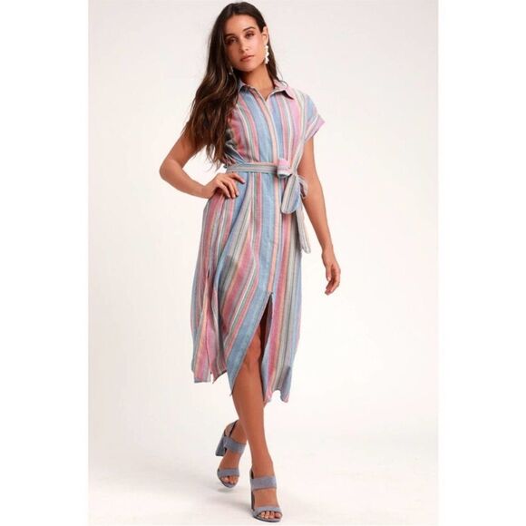 LULU’S | Striped Button Front Belted Midi Dress Side & Front Slit Women’s Size M - Picture 1 of 13